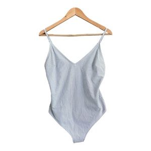 H&M blue & white pinstripe v-neck adjustable strap one piece size large